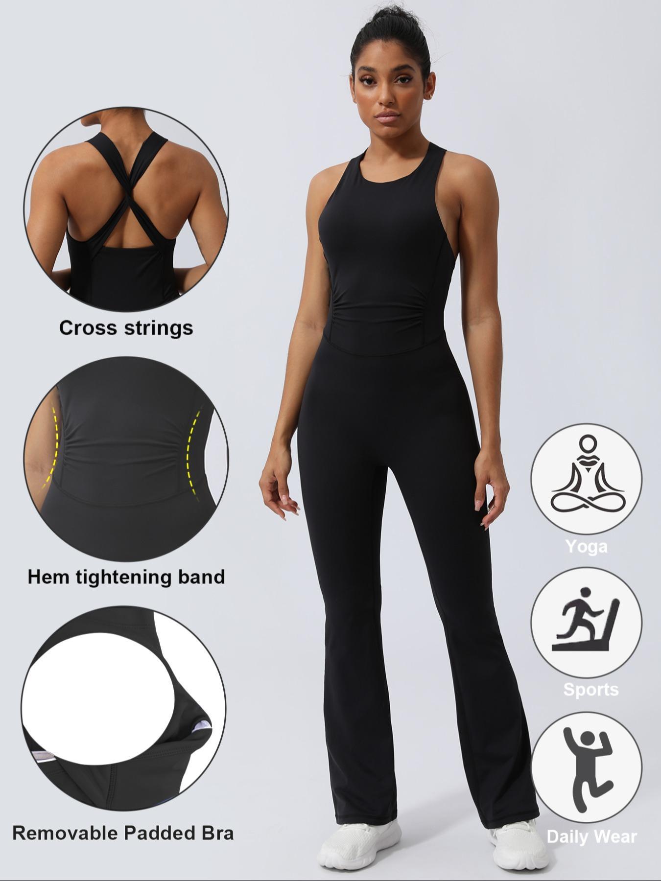 Women's Solid Criss Cross Backless Sports Jumpsuit, Casual Sporty Sleeveless Twist Jumpsuit for Yoga Gym Workout, Ladies Sportswear for All Seasons