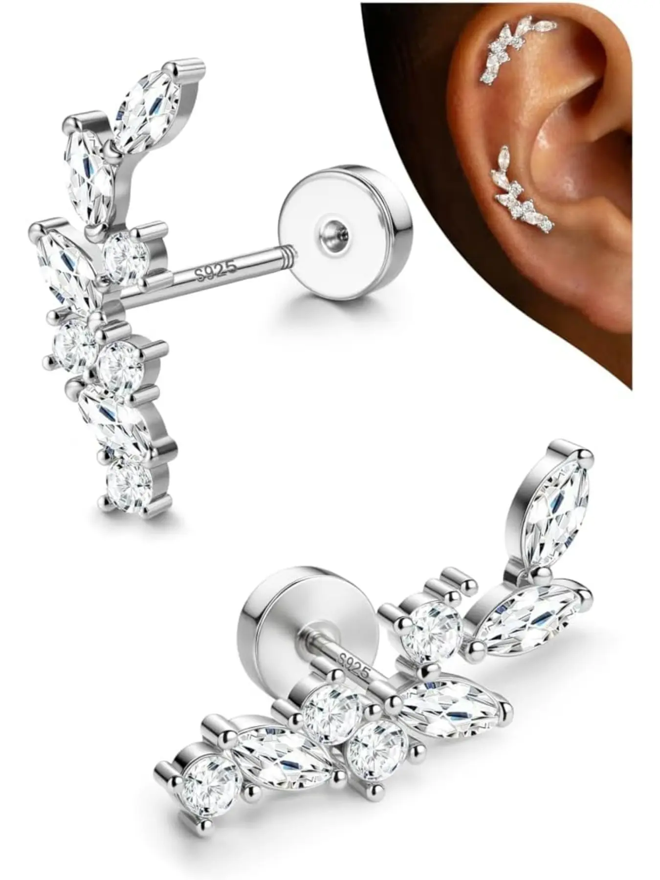 Hypoallergenic Cartilage Earrings for Women Flat Back-925 Sterling Silver Post Stud Flatback Earrings for Sensitive Ears-20G Ear Crawler Climber Cartilage Earring Tragus Conch Helix Piercing Jewelry