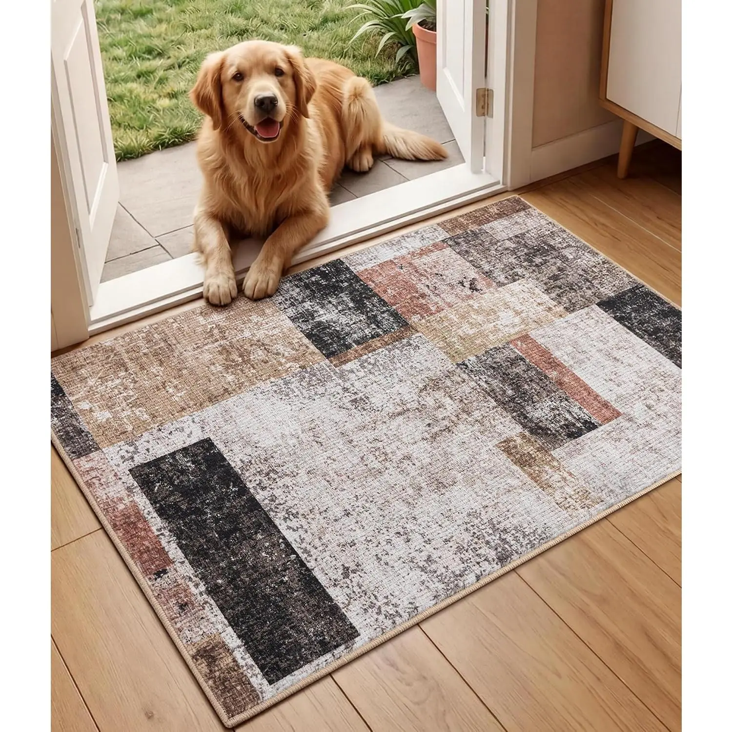 Washable 2x3 Kitchen Rugs for Entryway Bathroom, Distressed Checkered Non-Slip Indoor Door Mat Ultra-Thin, Small Geometric Patchwork Throw Carpet for Bedroom Entry, Multi