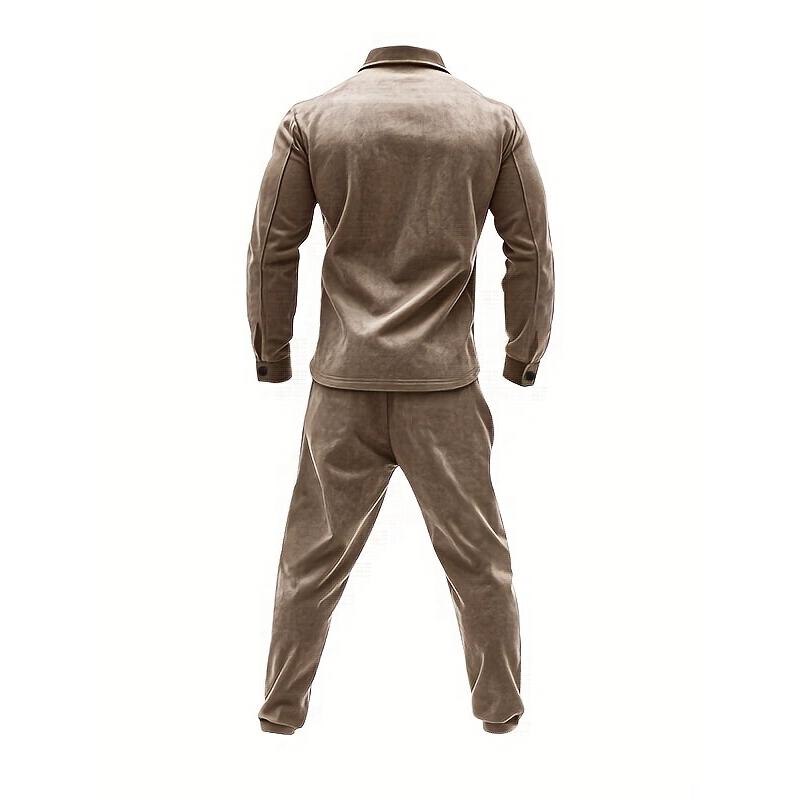 2pcs Men'S Casual Solid Color Sweatsuit Set, Polyester Knit Fabric with Slight Stretch, Regular Fit, with Lapel Collar, Button Details, for Spring/Fall - Fashionable American Style Workwear Jacket and Pants Combo