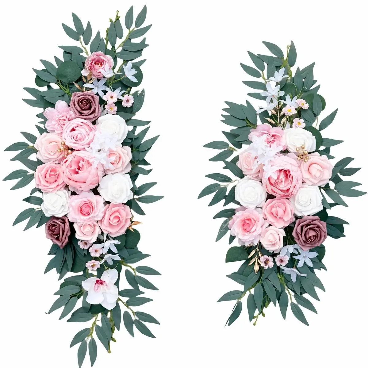 2 Pcs Elegant Pink Artificial Flower Wedding Arch Hanging Decor with Eucalyptus Leaves, Pre-Made Vine Floral Swags for Wedding Arch, Wall, Party, Shop Decoration, Birthday Party Backdrop, Faux Plants