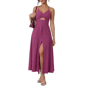 Women's 2026 Summer Sleeveless Spaghetti Strap Maxi Dress V-Neck Cutout Slit Beach Party Dress with Pockets