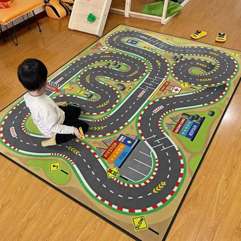 Complex Racing Track Kids Rug Multi-Loop Car Play Mat Children's Playroom Educational Traffic Carpet