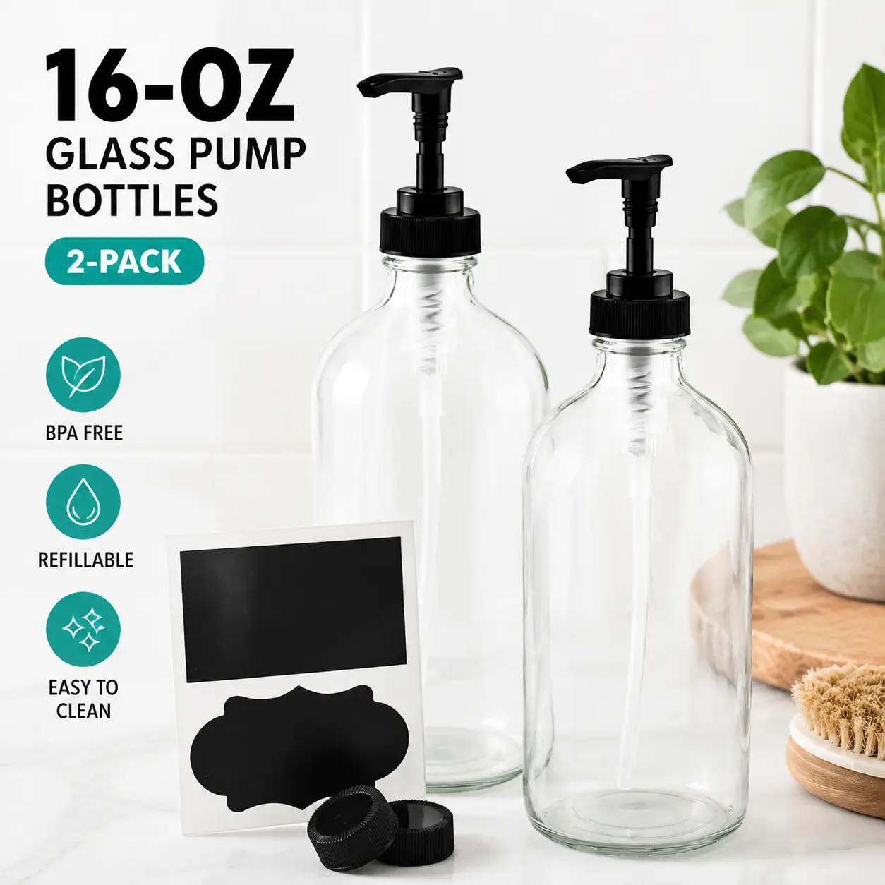 16 Oz Clear Glass Pump Bottles 2-Pack, Black Lotion Pumps, Refillable Transparent Boston Round Soap Dispensers with Chalk Labels and Lids for Bathroom Accessories