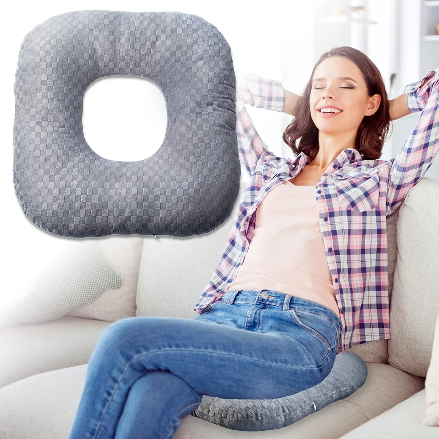 Stuffed Donut Pillow Seat Cushion | for Tailbone and Coccyx Pain, Hemorrhoids, Bed Sores, Pregnancy, Prostate, Surgery Recovery, Sitting Pressure Relief, for Home, Office and Car (Grey)Gift.