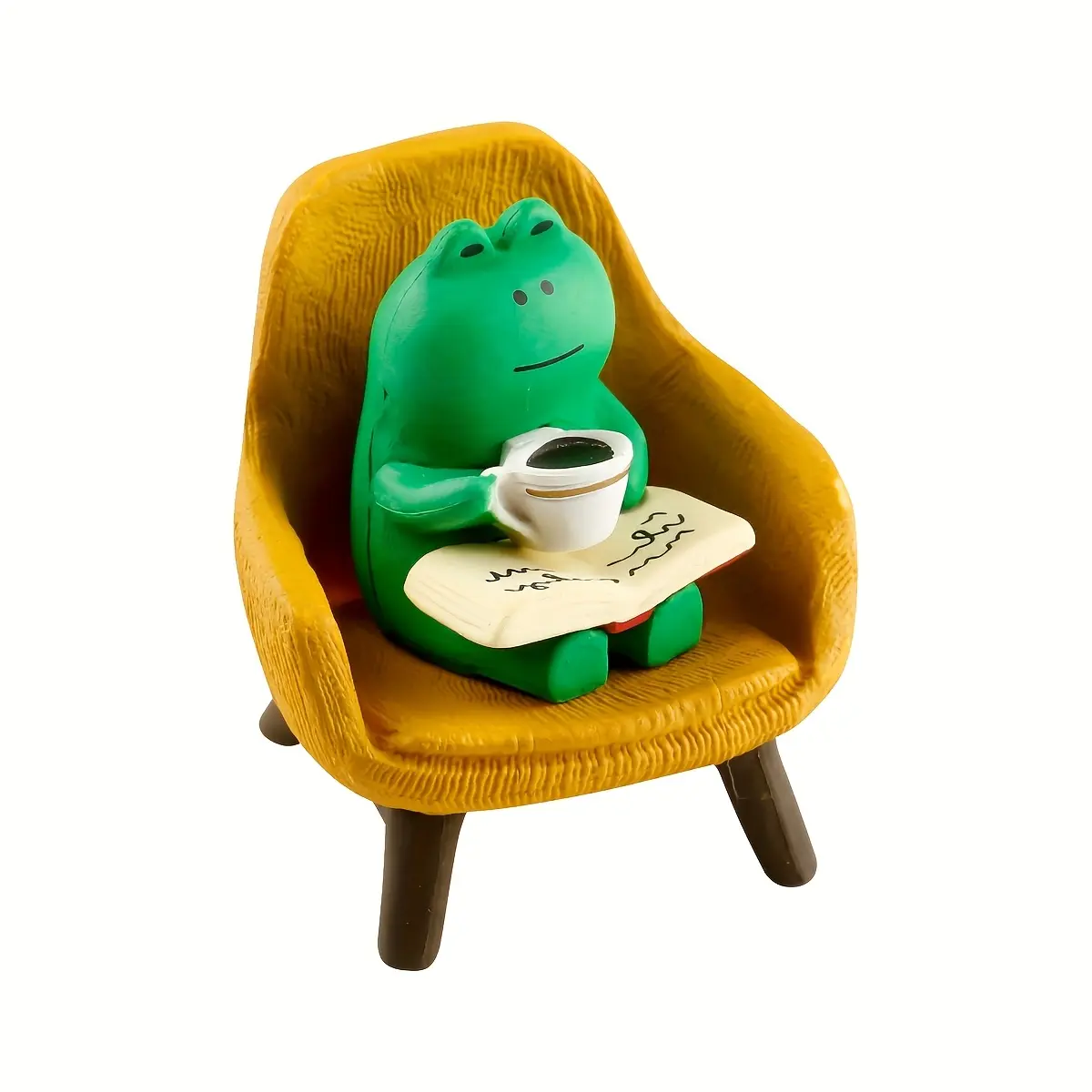 2pcs Mini Frog Figurines - Vibrant Green and Yellow Accents, Whimsical Resin Desk Decor with Reading & Coffee Design for Home Office Bookshelf Car, No Electricity Needed, Perfect Gift for Frogs Lovers Collectors Artistic Ornament