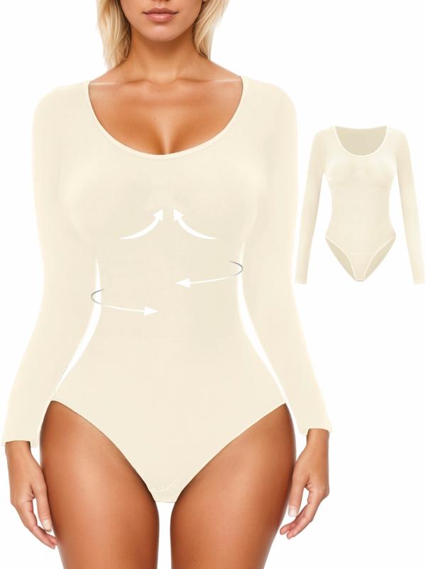Women's Shapewear for Fall&Winter,Ribbed Abdomen Control Bodysuit, Long Sleeve Seamless T Shirt,Comfortable Scoop Neck Body Suit Stretchy Basic Tops, Fit Soft Elastic Fabric, Perfect For Daily Wear and  Going Out