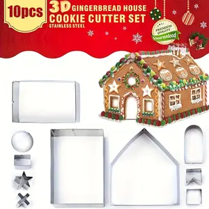10-Piece Gingerbread House Cookie Cutter Set, Christmas Cookie Cutters, Holiday 3D Cookie Cutters, Stainless Steel Baking Kit, DIY Tools