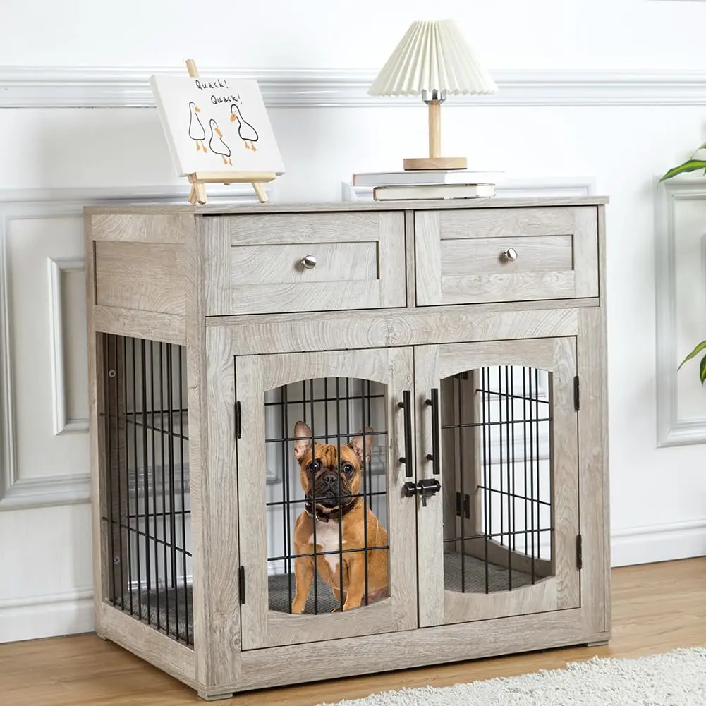 GARVEEDog Crate Furniture with Cushion,Wooden Dog Crate Table with 2 Drawers,3-Doors Dog Furniture,Indoor Dog Kennel,Dog House,Dog Cage,Side End Table(31.5 * 23.6 * 32inch, Rustic Grey)