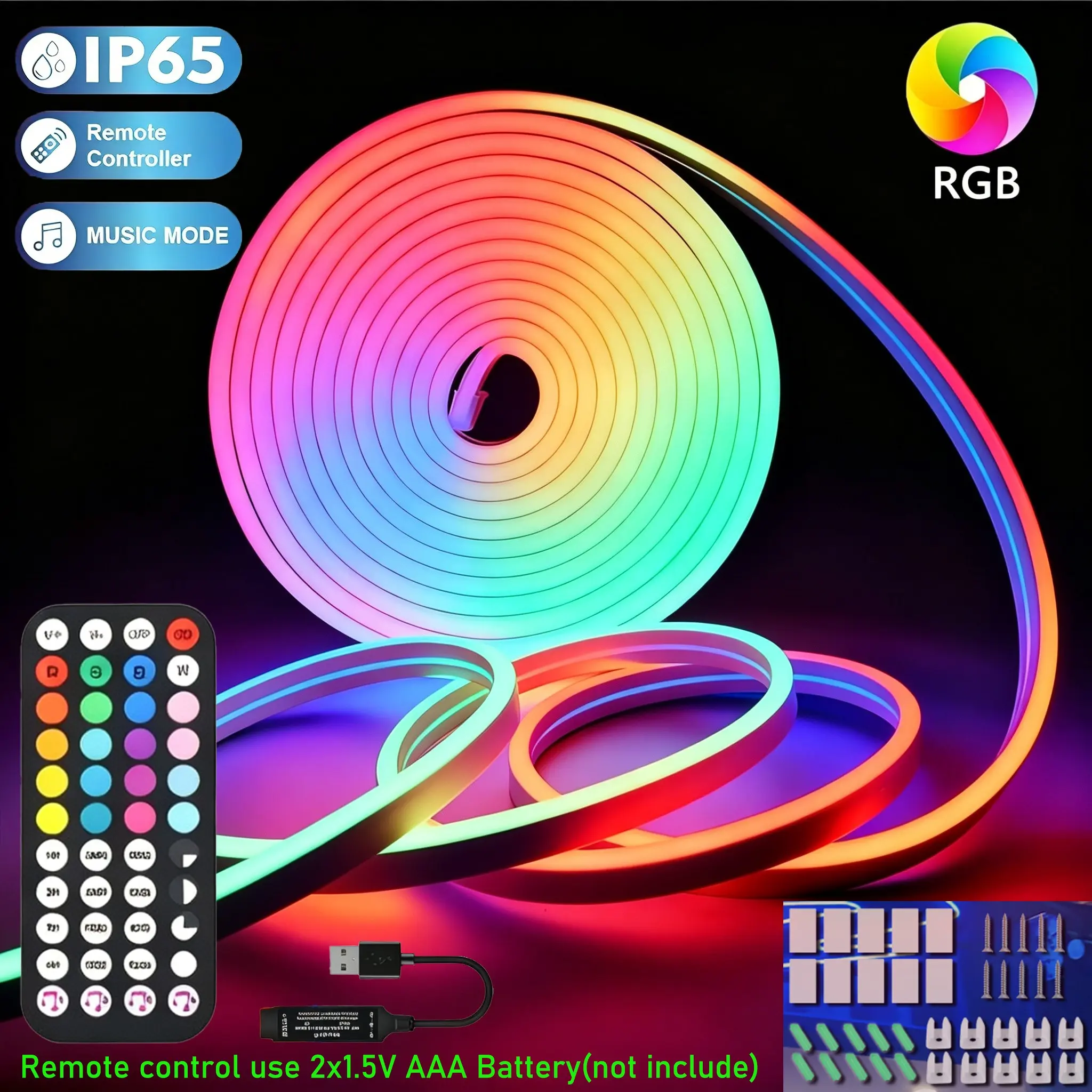 RGB Music Sync Light Strip with 44-Key Remote, USB Interface, Continuous Light Output, Durable, Easy Install, Ideal for Gaming Room, Christmas Decor, Decorative Lighting
