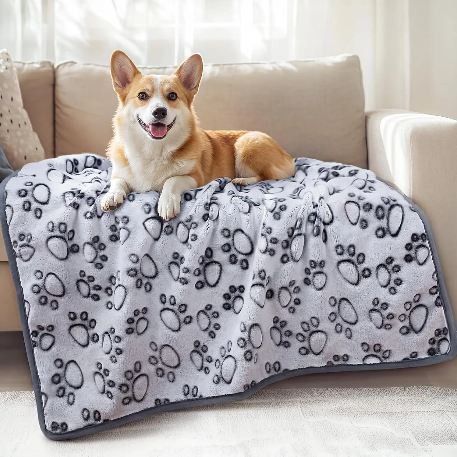 Premium Soft Dog Blanket - 300GSM Fluffy Fleece, Washable for Washer and Dryer, Warmth for Small/Medium/Large Dogs, Grey Paw Print Animal Print Pet Blanket for Hiking, L (41"x31")