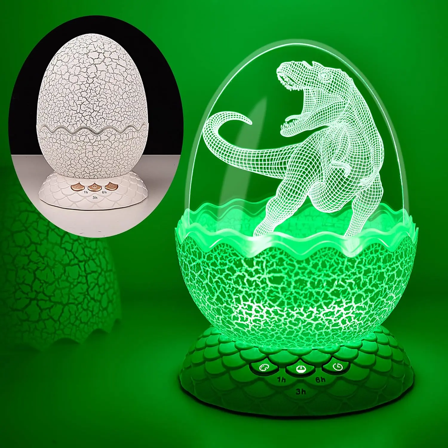 Portable Dinosaur Egg Night Light with 1100mAh Rechargeable , Scale  Base Easy Use of Buttons Control Color Changing, Timer, Brightness,  Dinosaur Table Lamp as  for