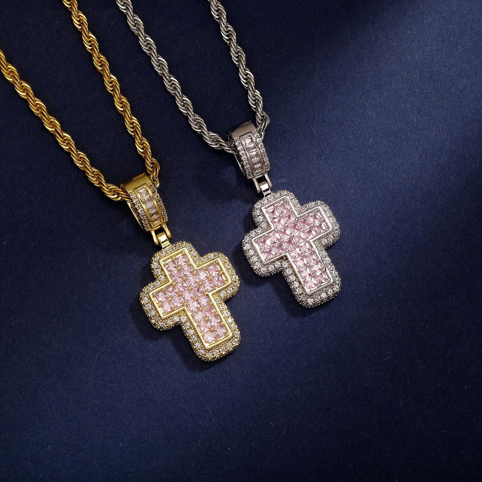 Hip-Hop Fashion T-Shaped Zircon Pink Cross Necklace, Unique European And American Street Style Accessory