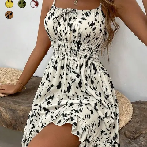 【Black Friday】Women's Fashion Print Slim-Fit Mini Dress, Spaghetti Strap Design, All-Season Wear, Unlined Comfortable Style Summer Dresses #GLOBAL PICKS
