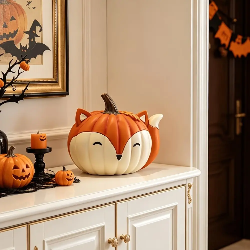 Halloween Fox Pumpkin Sculpture, Resin Home Decor, Creative Office Desk Ornament, Collectible Art Gift, Autumn Season Decoration