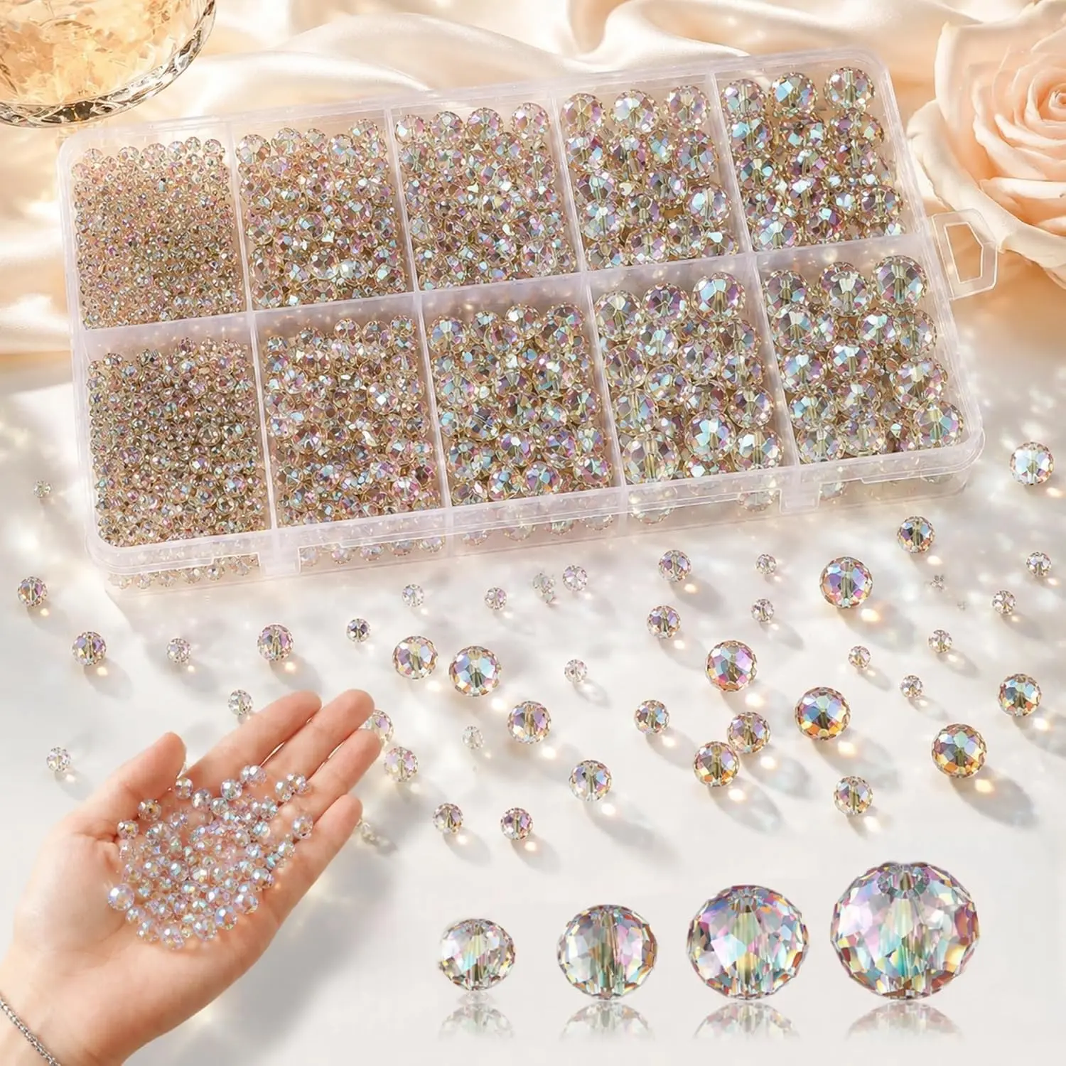 1000 count 4/6/8/10mm  Glass  Beads Bulk for  Making Bracelets Necklace Faceted Rondelle Suncatcher Glass Beads  Earring DIY Crafts ( Champagne AB)