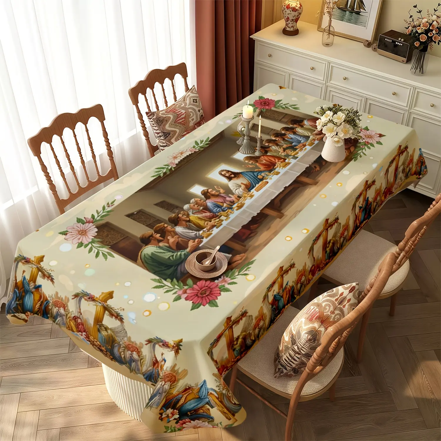 1 piece of religious art tablecloth design for the Last Supper, featuring a golden cross, floral frame, and angel decoration, suitable for church events, communion celebrations, dinner parties, Bible scenes, and elegant retro style