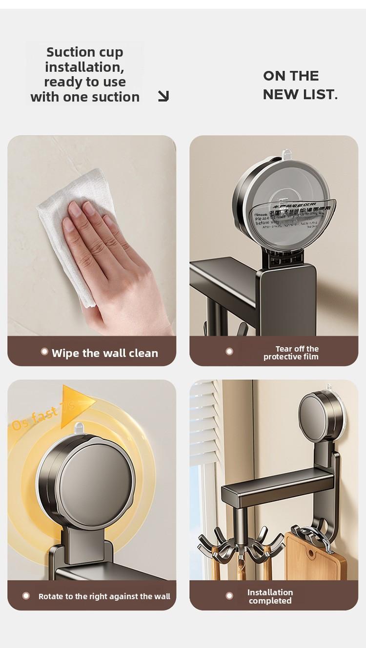 Aluminum Material Powerful Suction Cup Kitchen Rotating Hook Storage Rack No-Nail Wall-Mounted for Spatulas Spoons and Utensils Organiser Installation