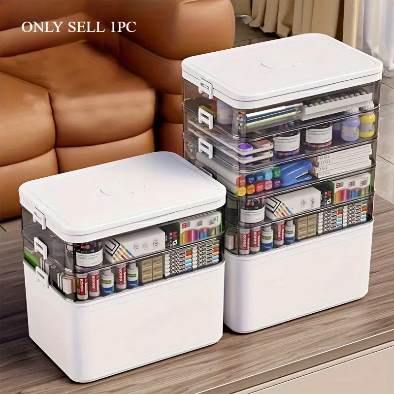 Oversized multi-layer multi-purpose plastic storage box with handle - no assembly required, ideal for sewing tools, medicines, hair accessories, art supplies, medical storage, cosmetics, and toys - a home organization solution, available in 4 sizes