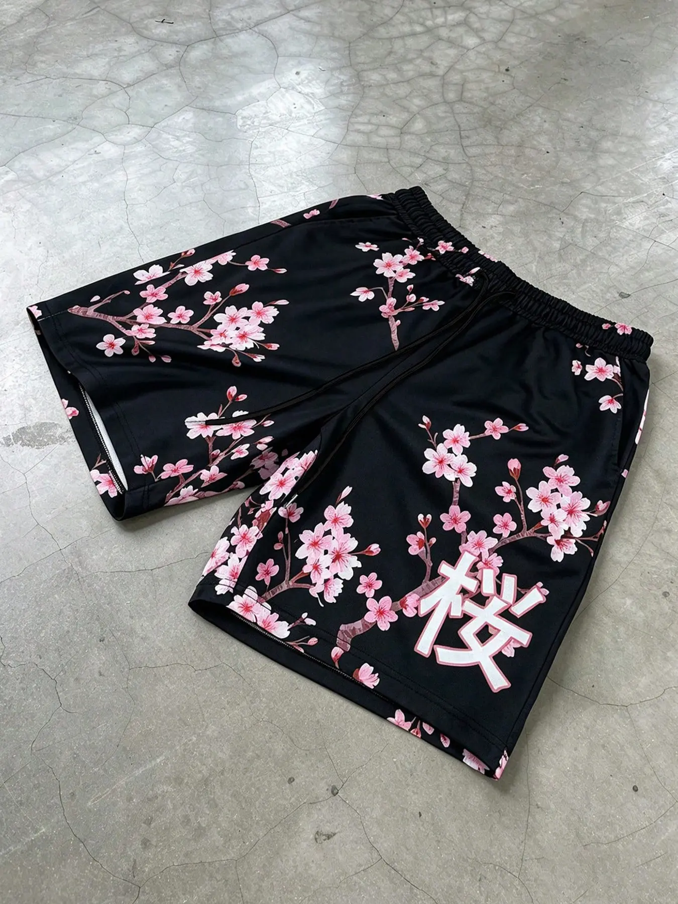 Men's Streetwear Casual Shorts, Loose Fit Bottoms, Black Cherry Blossom Floral Print Shorts with Japanese  Kanji, Elastic Waist Drawstring Summer Shorts, Y2K Harajuku Aesthetic, Lightweight Athletic Shorts for Daily Wear and Street Style