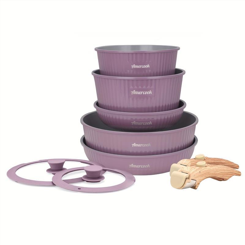 10pc Pots And Pans Set, Amercook Purple, Non-Stick Kitchen Cookware Set With Removable Handles, Aluminum, Dishwasher Oven Safe, Includes, Deep Frying Pan, Skillet, Stock Pot, Silicone Spatula With Lid, PFOA-Free, Works With All Kitchen