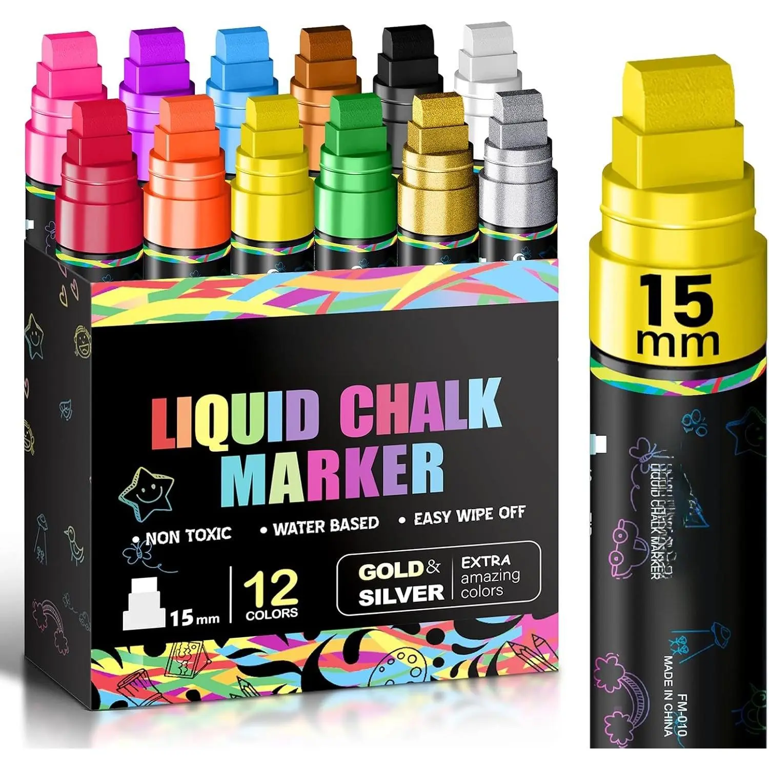 Chalk Markers,  Markers Washable for Auto,  Window Markers, 15mm  Liquid Chalk Markers,  Window  for Glass, Mirror, Chalkboard and Blackboard, 12 Colors, 3-in-1 Thick Tip