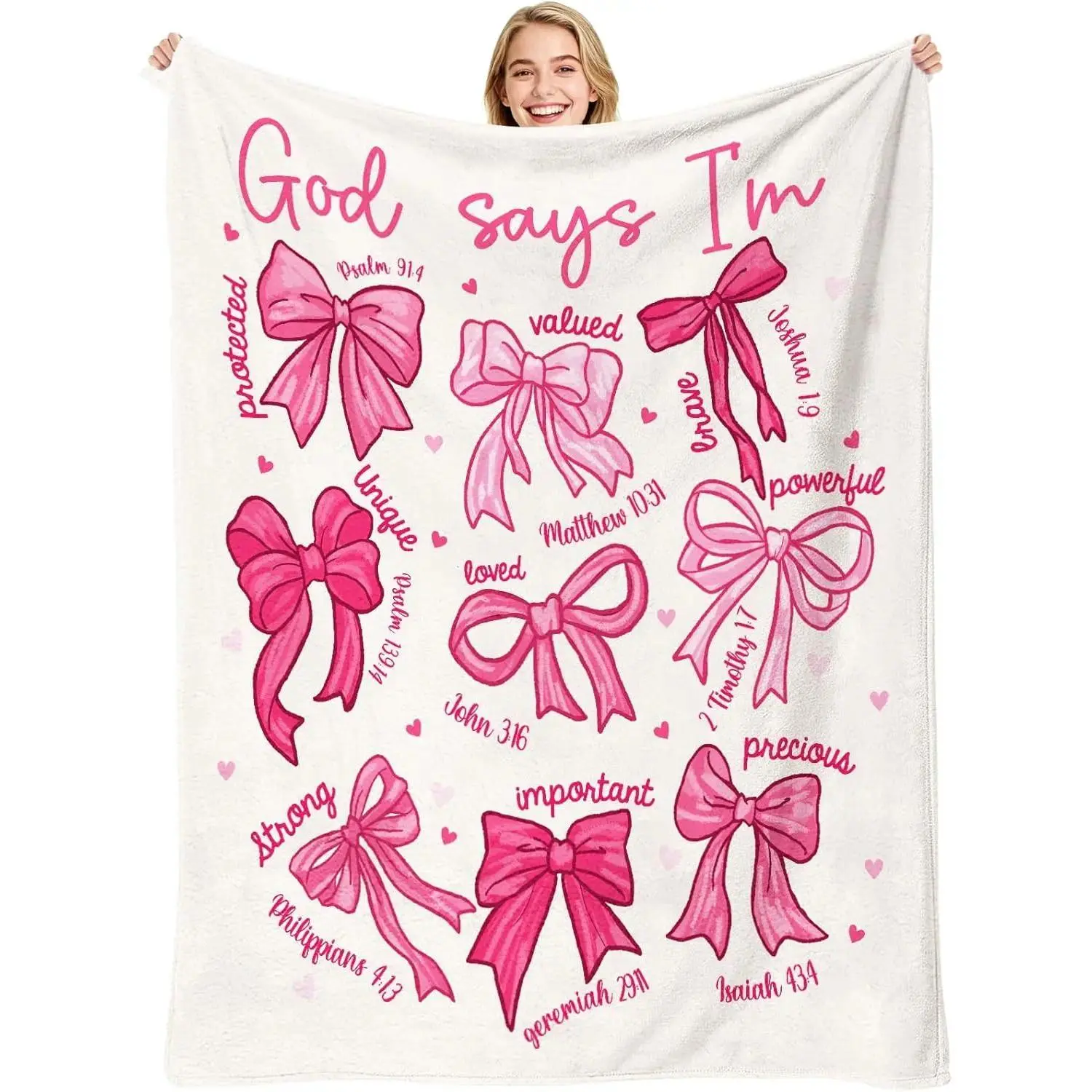 Christian Cozy Throw Blanket - Classic Soft Printed Flannel with Pink Bow Decor, God Says I Am Slogan & Bible Verse, Inspirational Gift for Women, Decorative Blanket for Sofa Bed, Living Room & Aesthetic Home Decor