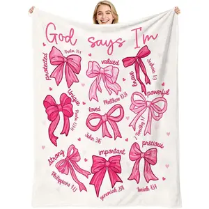 Christian Throw Blanket with Pink Bow Decorative Design, God Says I Am Slogan Print Soft Flannel Blanket, Bible Verse Inspirational Gift for Women, Coquette Home Sofa Bed Decor