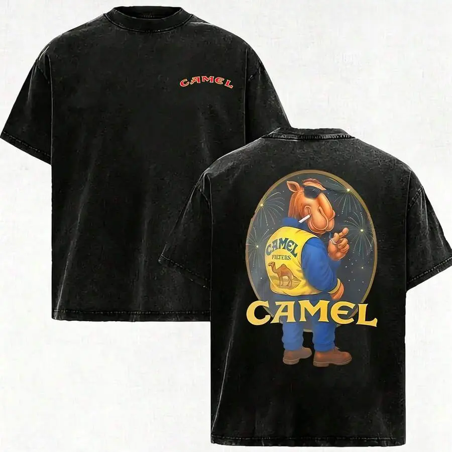 Vintage Grunge Streetwear Washed Distressed Retro Graphic T Shirt Front Camel Script Logo Back Camel Joe Firework Oval Frame Poster Print Soft Cotton Short Sleeve Crewneck Top Retro Festival Daily Hangout Casual Outfit