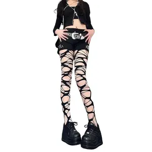 2pcs Goth Style Ripped Fishnet Tights for Women, Sexy High Stretch Black Mesh Pantyhose, Trendy  Daily Party Fashion Legwear