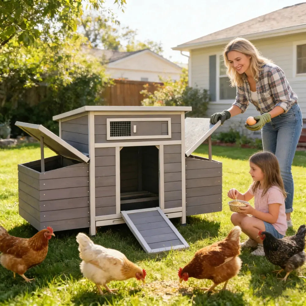 Large Gray Wood Chicken Coop with Run, Nesting Box, Secure Predator Defense, Waterproof Anti-UV Panels, Dual-Sided Ventilation Holes, Front Ventilation Window & Ventilated Rabbit Hutch for Backyard