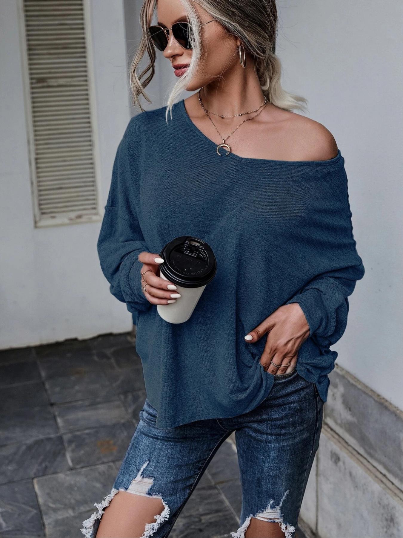 Women's Plain Tie Backless Batwing Sleeve Tee, Chic Elegant V Neck Long Sleeve T-Shirt for Spring & Fall, Ladies Clothes for Daily Wear