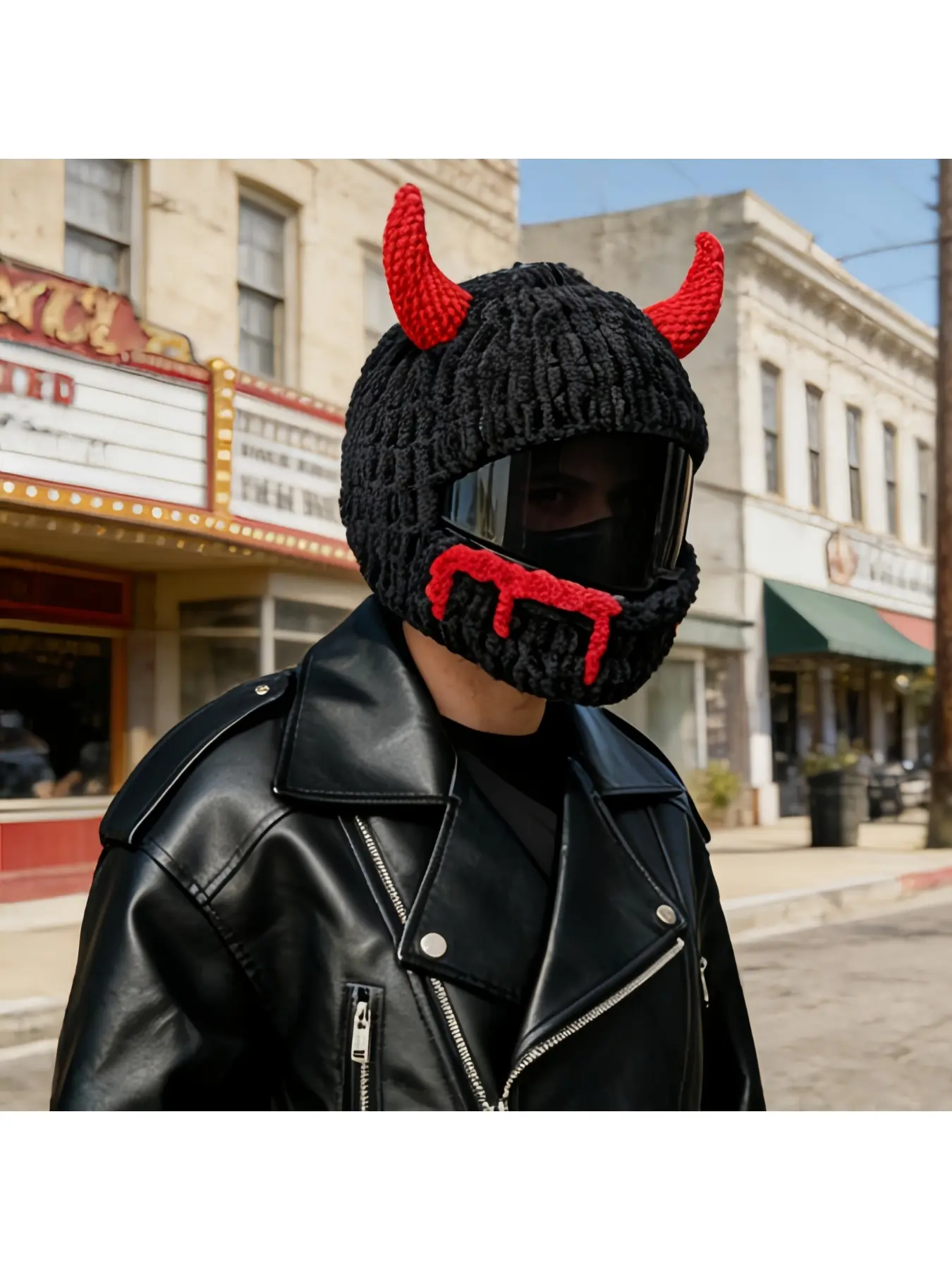 Handsome Little Devil Helmet Cover, Riding Headwear, Thick Knit Ski Hat, Stylish Horned Couple's Full Helmet Cover