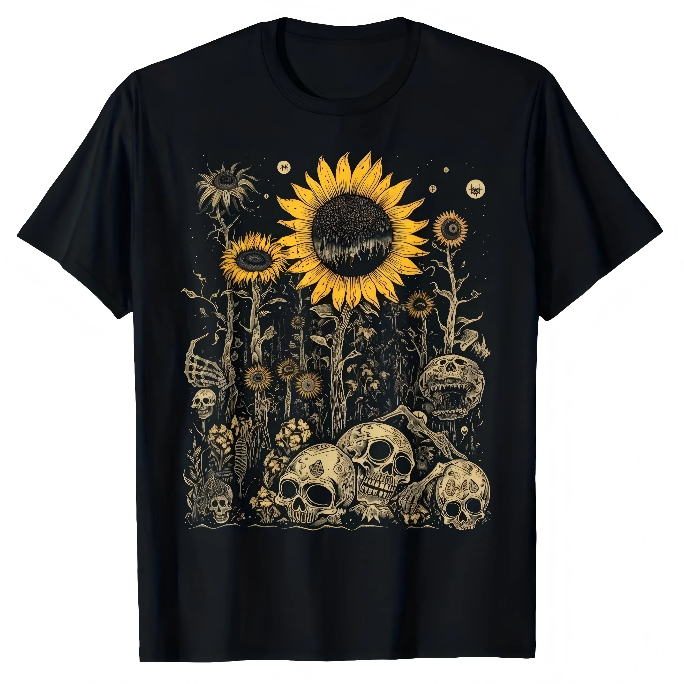Vintage Woodcut Gothic Graphic T-Shirt for Men Women – Soft Stretch Cotton Crew Neck Short Sleeve, Skull Sunflower Skeleton Bones Tee, Regular Fit Dark Streetwear, All Season Wear, Macabre Floral Gift, Machine Washable