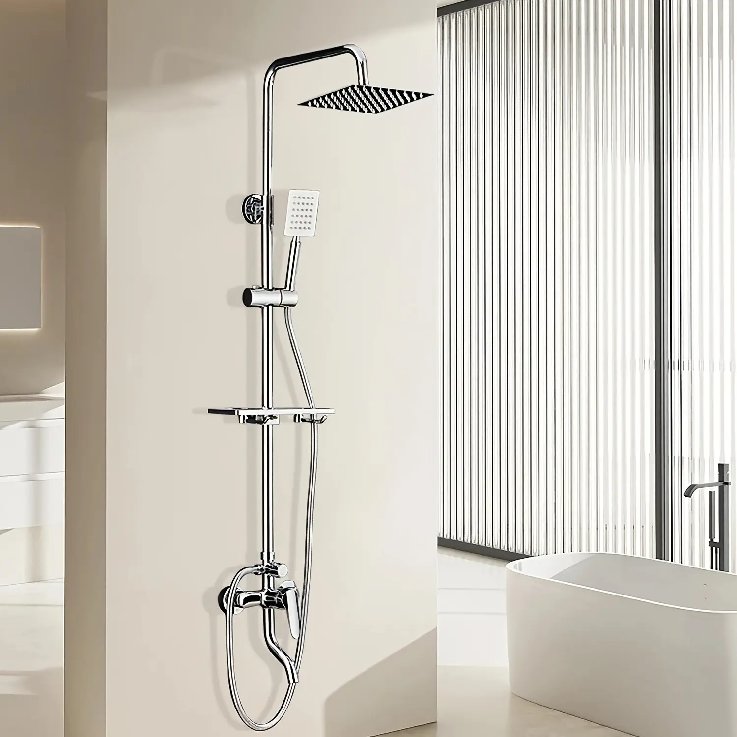 Exposed Bathroom Shower Faucet Shower System 8 Inch Shower Head Wall Mounted Triple Function Shower Fixtures Outdoor Shower System with Handheld Sprayer And Tub Spout with Shower Shelf