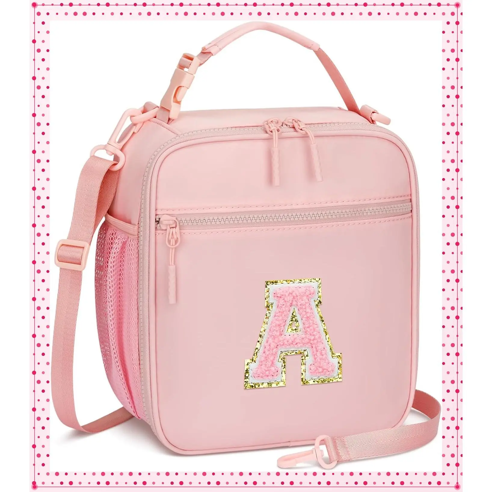 Large Initial Kids Insulated Lunch Bag for Girls - Leak-Proof Reusable Toddler Lunchbox with Adjustable Strap for School Daycare Travel Picnic, Back to School Gift, Pink-AGift