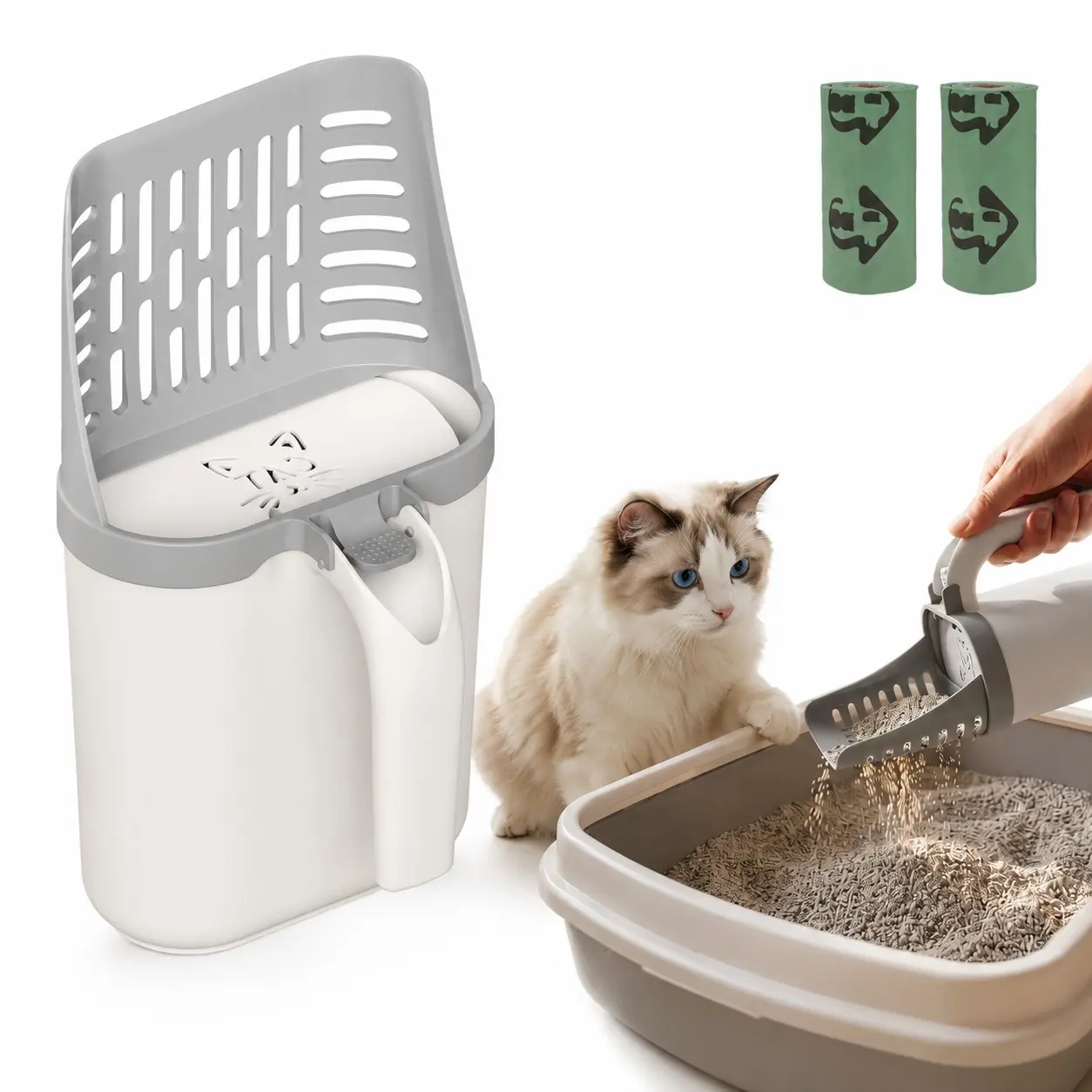 Integrated Cat Litter Scoop Set, Detachable Large Capacity Poop Bag, Convenient Pet Waste Management Tool, Essential Cat Owner Accessory