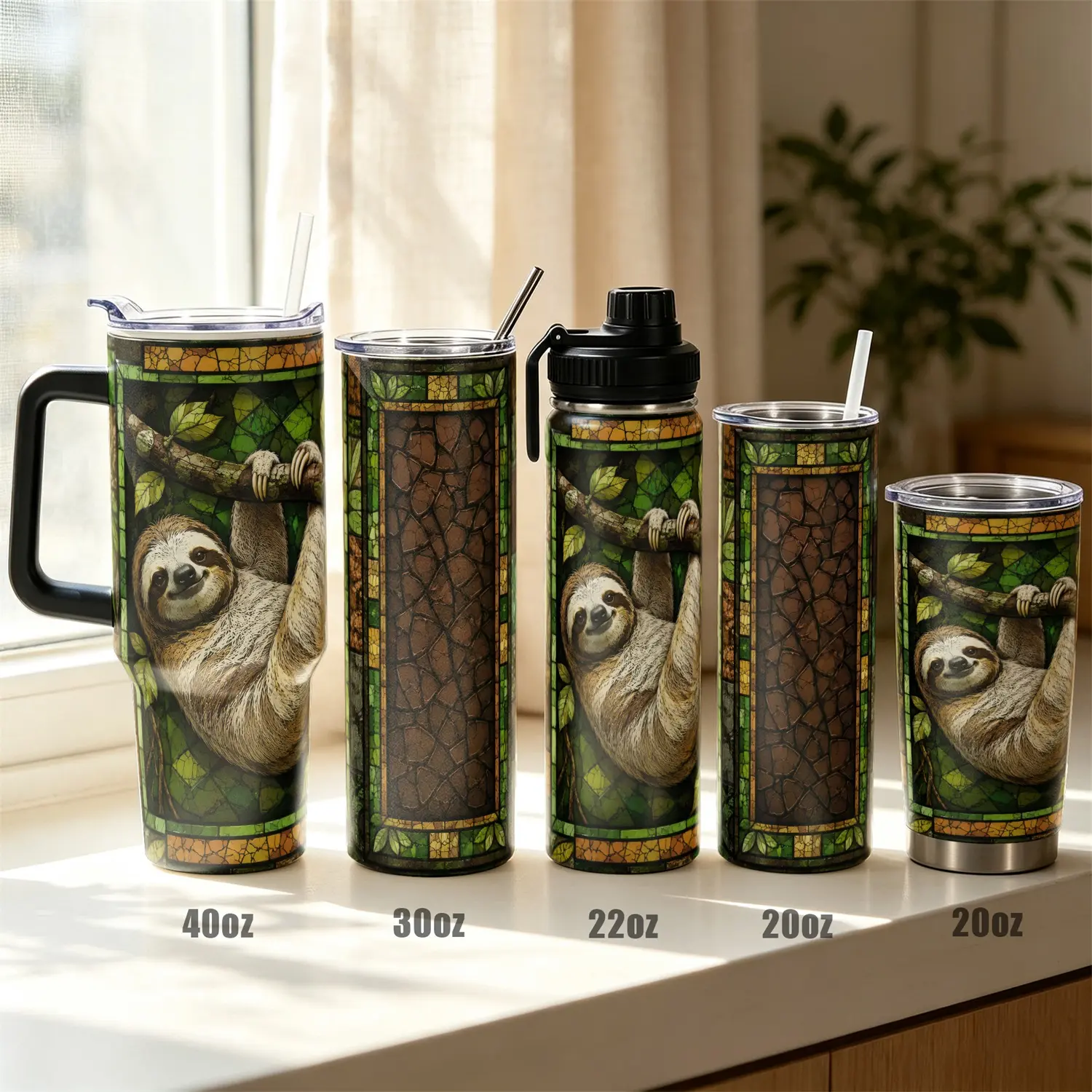 1pc, 40oz/30oz/22oz/20oz Sloth Stained Glass Stainless Steel Tumbler, Vacuum Insulated Drink Tumbler 12H Cold 8H Hot Leak Proof Lid Travel Mug, Cute Animal Theme Gift for Family Friends Classmates, For Gym Hiking Office Commute School