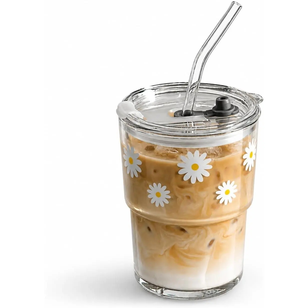 13oz Glass Tumbler with Straw and Lid,  Iced Coffee Cup Tumbler, Cute Glass Cups for Water, Matcha, Travel Coffee Mugs (Daisy)