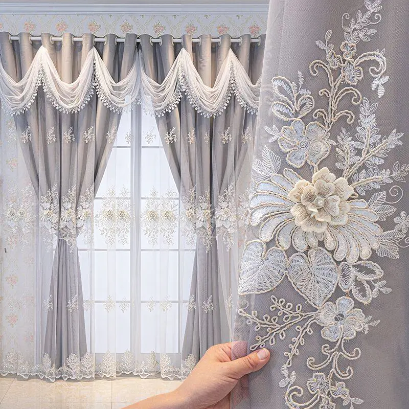 Luxury Grey Double Layer Embroidered Curtains with Sheer Voile, Floral Lace Valance, 2-in-1 Window Drapes for Living Room Bedroom
