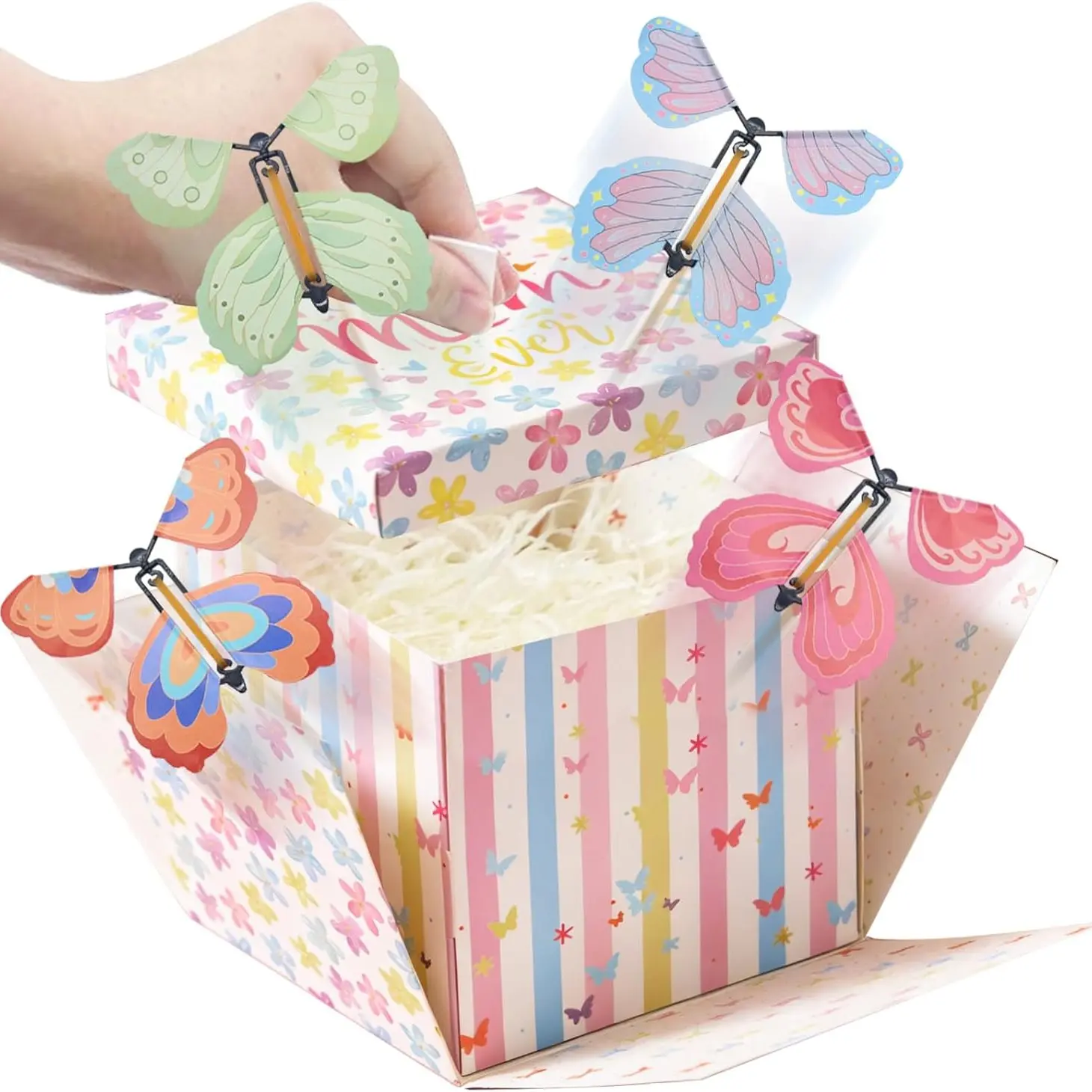 Mother's Day Butterfly Explosion Gift Box, Elegant Reusable Paper, Includes Dual Layer Box, 4 Butterflies, Card, Lattice Grass, Perfect for Various Occasions