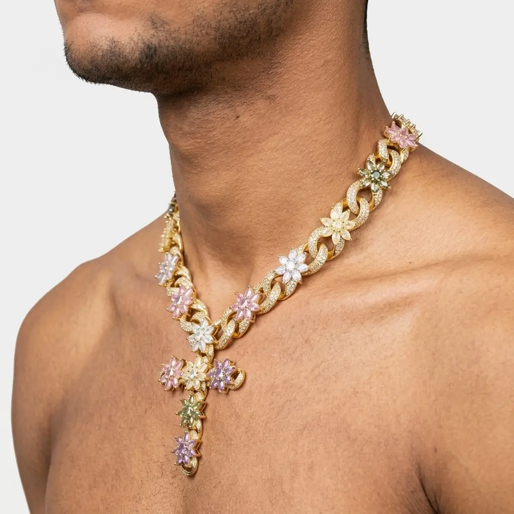 IH Iced Out Colorful Flower Cross Cuban Link Necklace 18K Gold Plated Natural Sri Lanka Zircon Hip Hop Miami Italian Mexican Luxury Unisex