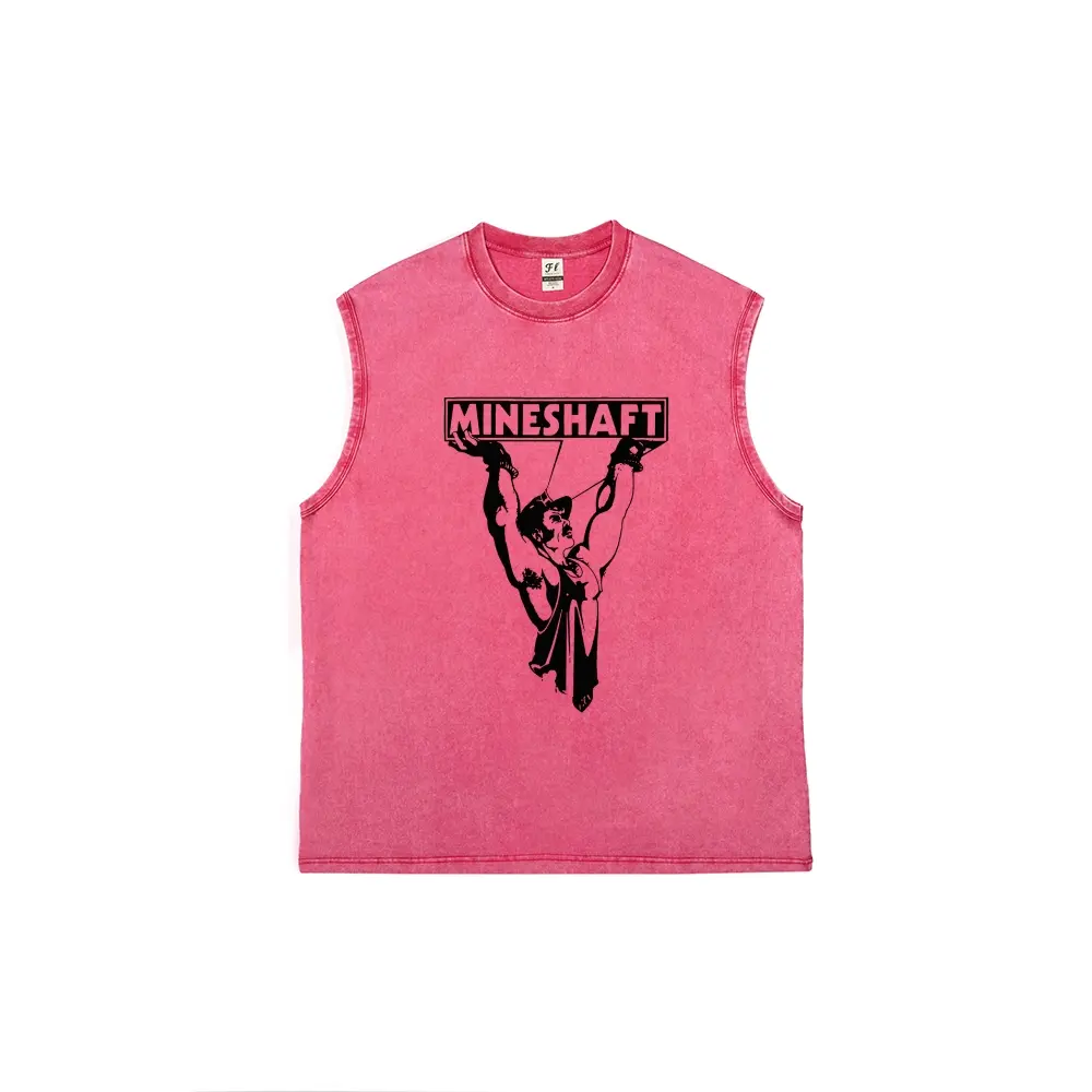 Menswear Cotton Crew Neck Vintage Acid Wash Sleeveless Muscle Tank Top - Unisex Mineshaft Graphic Cut-Off, Retro Loose-Fit Casual Streetwear Apparel, Multiple Colors, Premium Fabric
