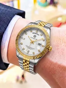 Luxury Men's Quartz Watch, Classic Dog Tooth Design, Date Calendar, Diamond Dial, Stainless Steel Strap, Waterproof