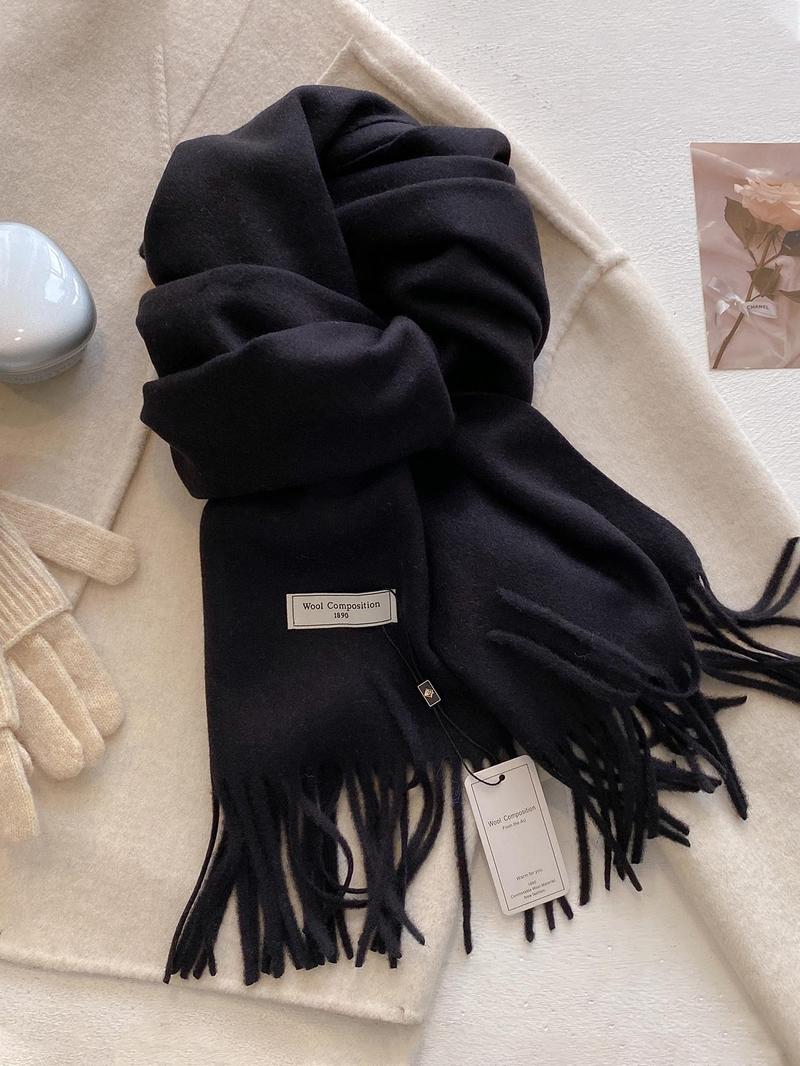 Women's Solid Color Tassel Decor Scarf, Casual Soft Warm Shawl for Fall & Winter, Fashion Accessories for Daily Wear, Fluffy Soft Scarf