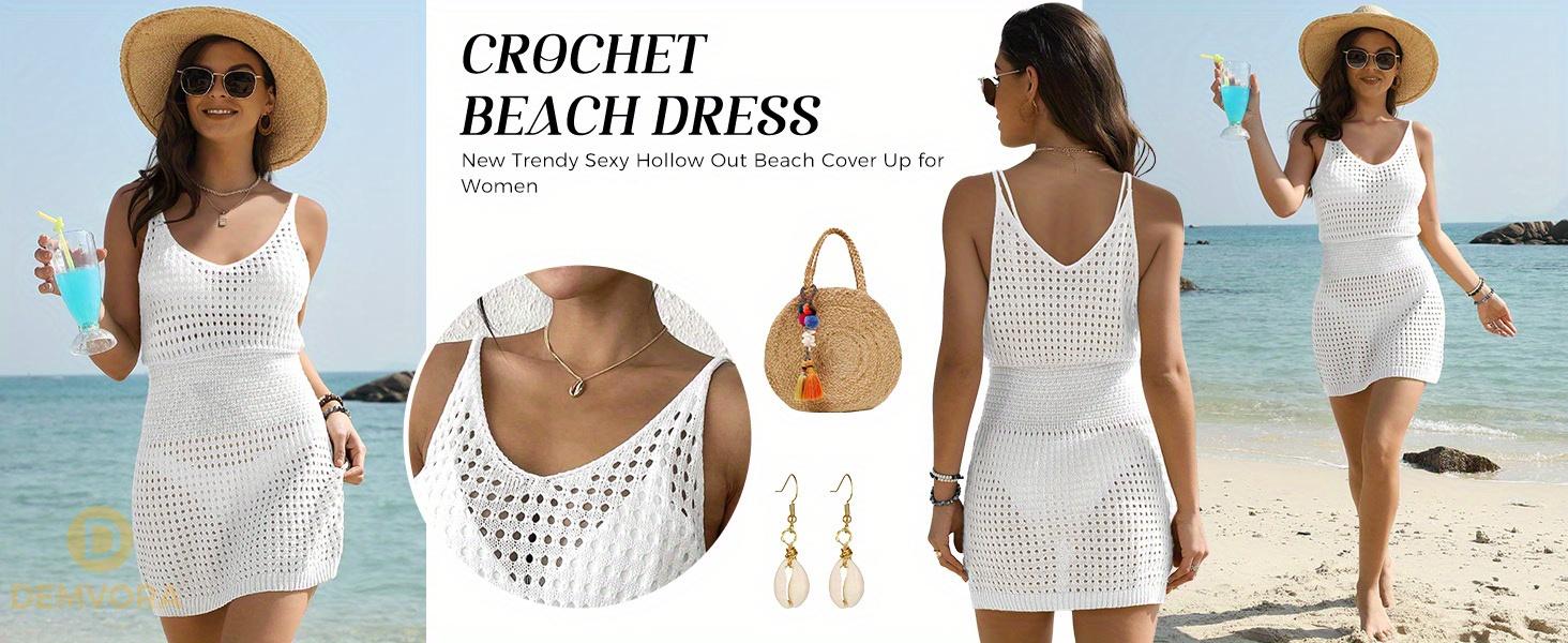 Swimsuit Coverup for Women Crochet Hollow Out Bathing Suit Cover Up Sleeveless Vacation Outfit Bikini Beach Dress