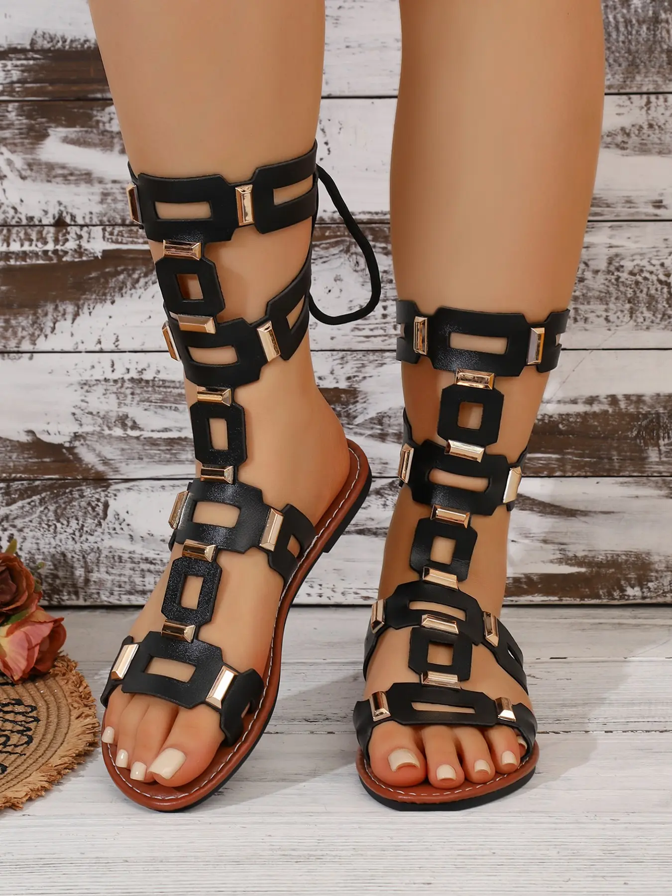 Women's Multicolor Hollow Out Metal Accent Gladiator Sandals, Summer Flat Open Toe Strap High Anklet Roman Sandals, Street Style