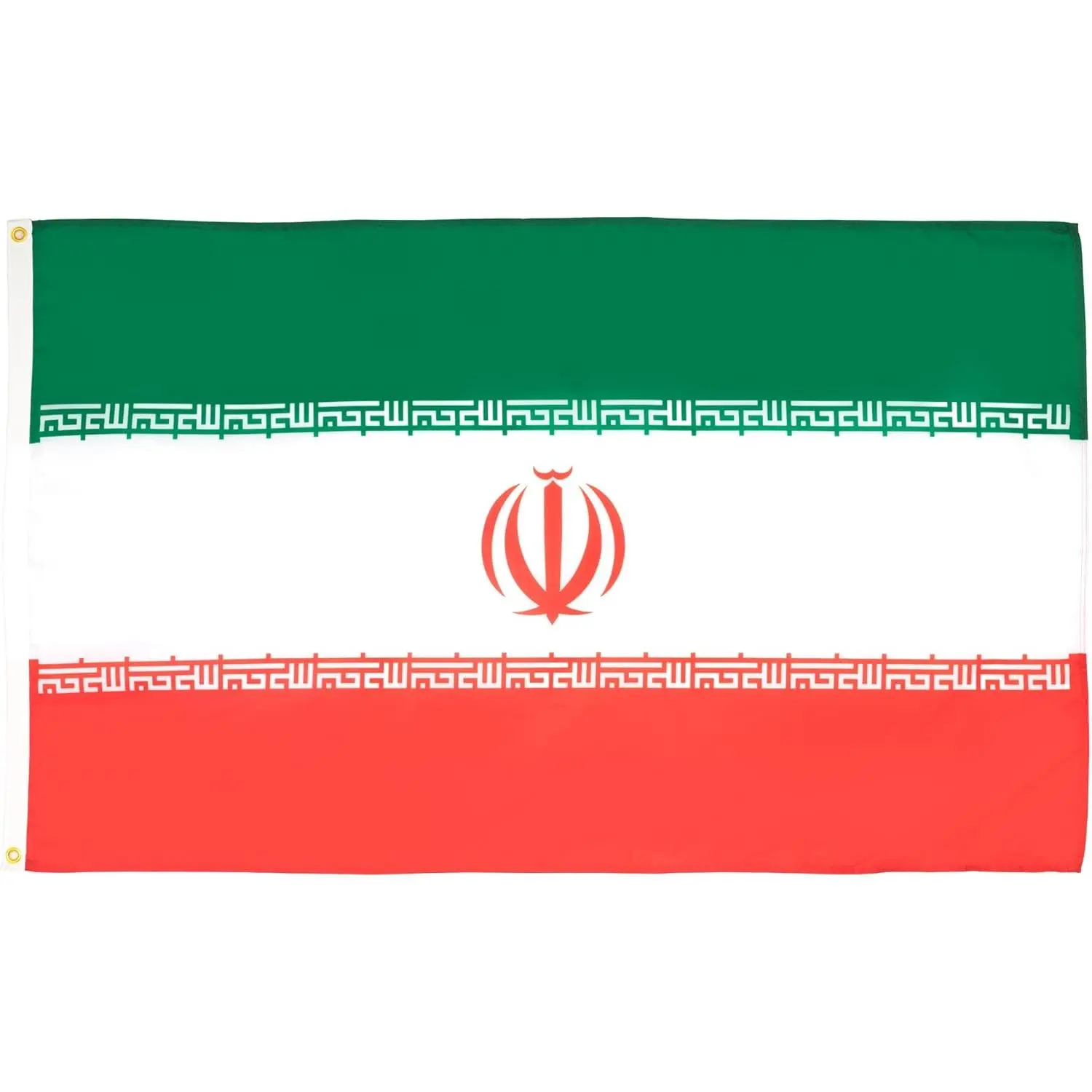 Iran Islamic Republic National Flag Green White Red Horizontal Bands Red Emblem Symbol Border Arabic Text Patriotic Banner Middle Eastern Country Holiday Display Flag