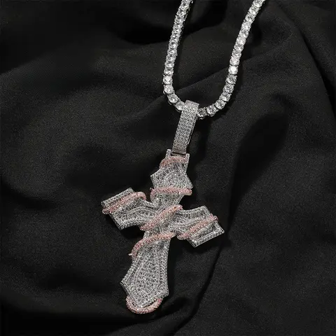 Loveden Men's Iced Out Full Pave Bold Cross Necklace - Silver 3mm Twisted Rope Chain, Hip Hop Religious Bling Swag Accessories, Ideal for Casual Wear Concerts, Boyfriend Birthday Gifts, Cross Necklaces