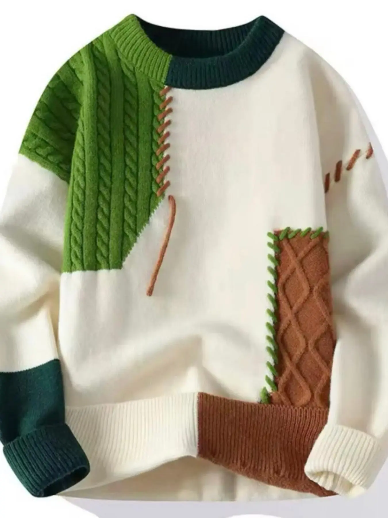 Men's Color Block Patchwork Cable Knit Sweater, Crew Neck Long Sleeve Pullover, Stitched Contrast Knitted Jumper, Soft Warm Loose Fit Top for Men Autumn Winter Casual Street Daily Outfits